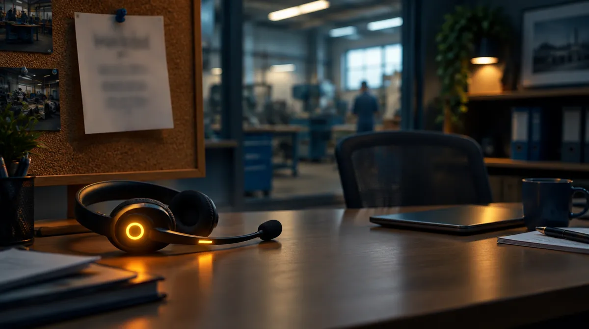 Unbesetzter Arbeitsplatz mit Aushang 'Mitarbeiter gesucht', im Vordergrund ein Headset als Symbol für eine KI-Telefonzentrale