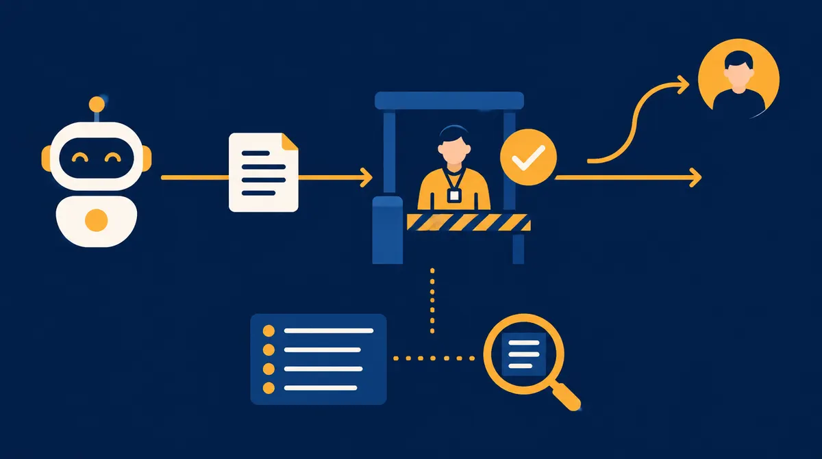Flow: AI agent prepares, a person approves, escalation to the responsible person, log and spot checks