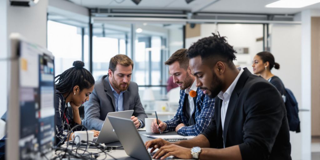 Gruppenarbeit in einem Cyber-Security-Kurs mit Laptops.