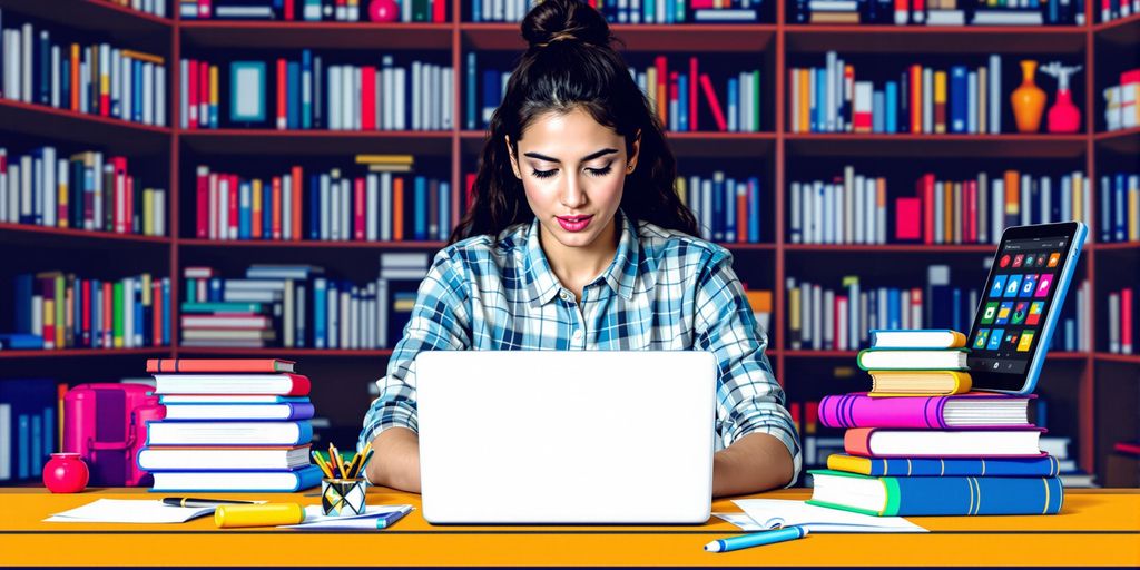 Student mit Laptop und Büchern in einem modernen Klassenzimmer.