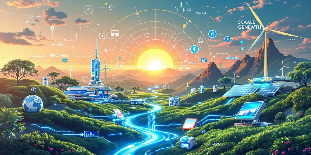 Futuristische Landschaft mit fortschrittlicher Technologie und Natur.