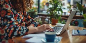 Freelancer arbeitet in einem Café mit Laptop und Notizen.