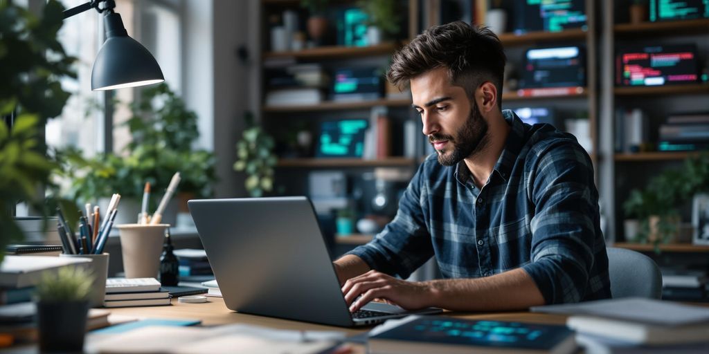 Softwareentwickler am Laptop in modernem Büro.